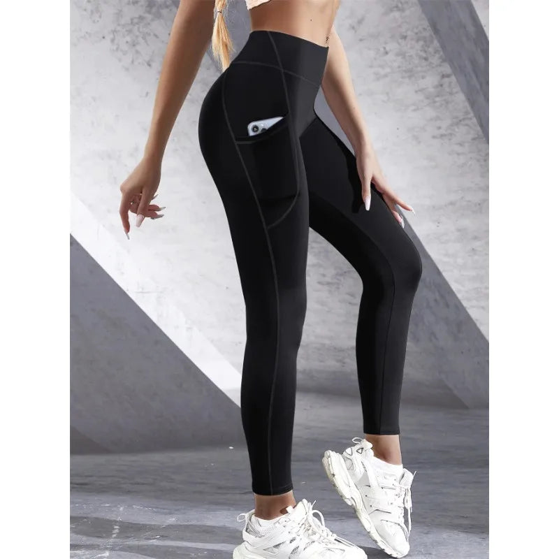New High Waist Women's Leggings Stretch Yoga Pants Tights With Pockets Push Up Fitness Running Sportswear Solid Color Pants