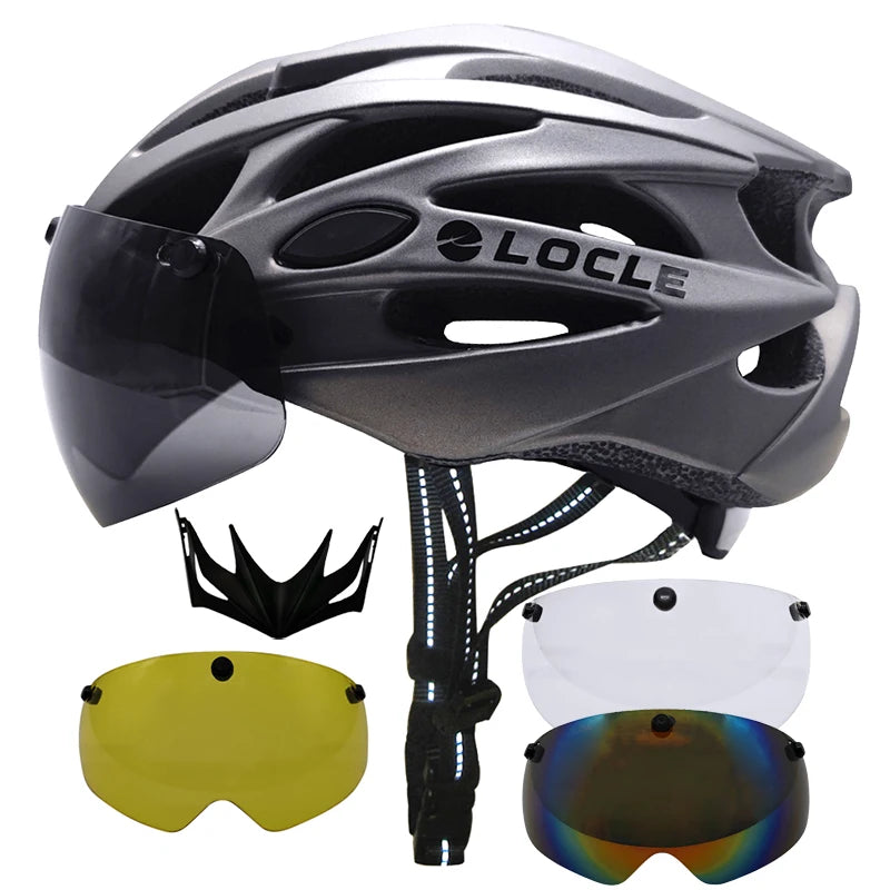LOCLE Magnetic Goggles Cycling Helmet Men Women Bicycle Helmet Lenses MTB Bike Helmet Road Mountain Helmet Removable Sunvisor