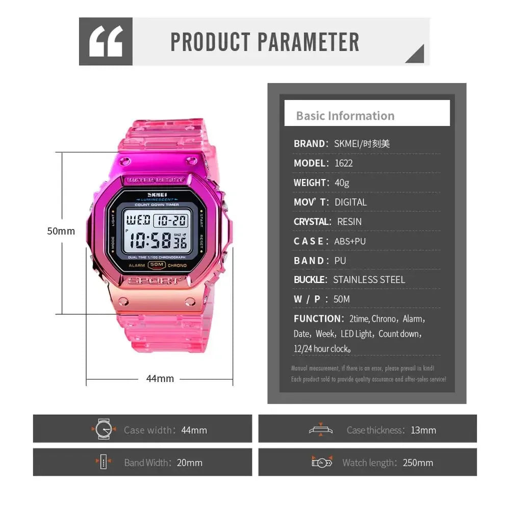 SKMEI 1622 Women Digital Wristwatch Electroplated Case Shockproof Reloj Mujer Transparent Strap Lady Cool Girls Watches 1999