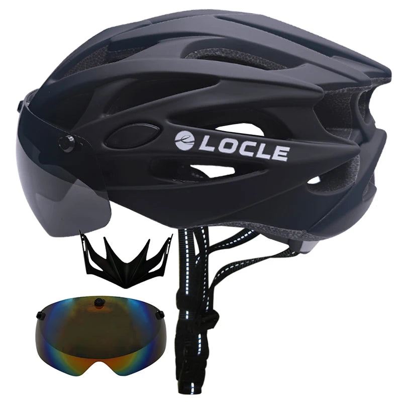 LOCLE Magnetic Goggles Cycling Helmet Men Women Bicycle Helmet Lenses MTB Bike Helmet Road Mountain Helmet Removable Sunvisor