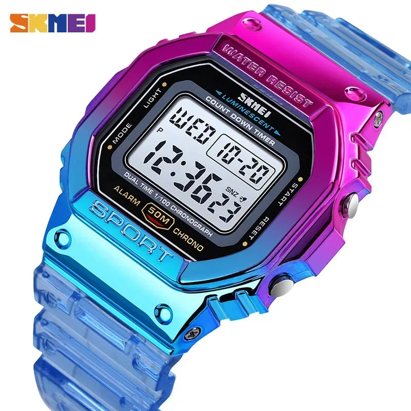 SKMEI 1622 Women Digital Wristwatch Electroplated Case Shockproof Reloj Mujer Transparent Strap Lady Cool Girls Watches 1999
