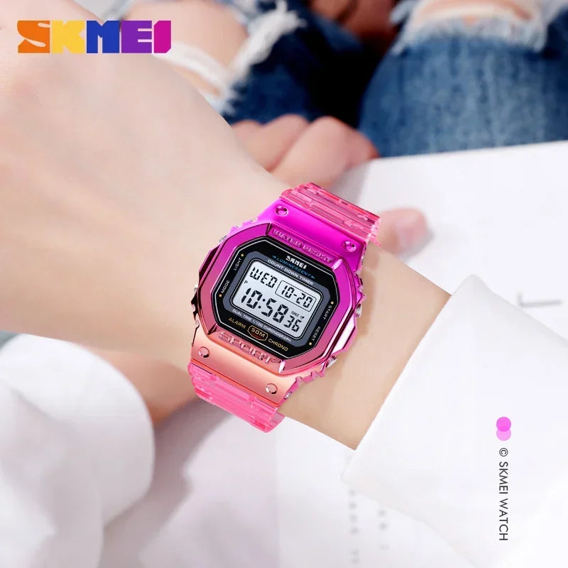 SKMEI 1622 Women Digital Wristwatch Electroplated Case Shockproof Reloj Mujer Transparent Strap Lady Cool Girls Watches 1999