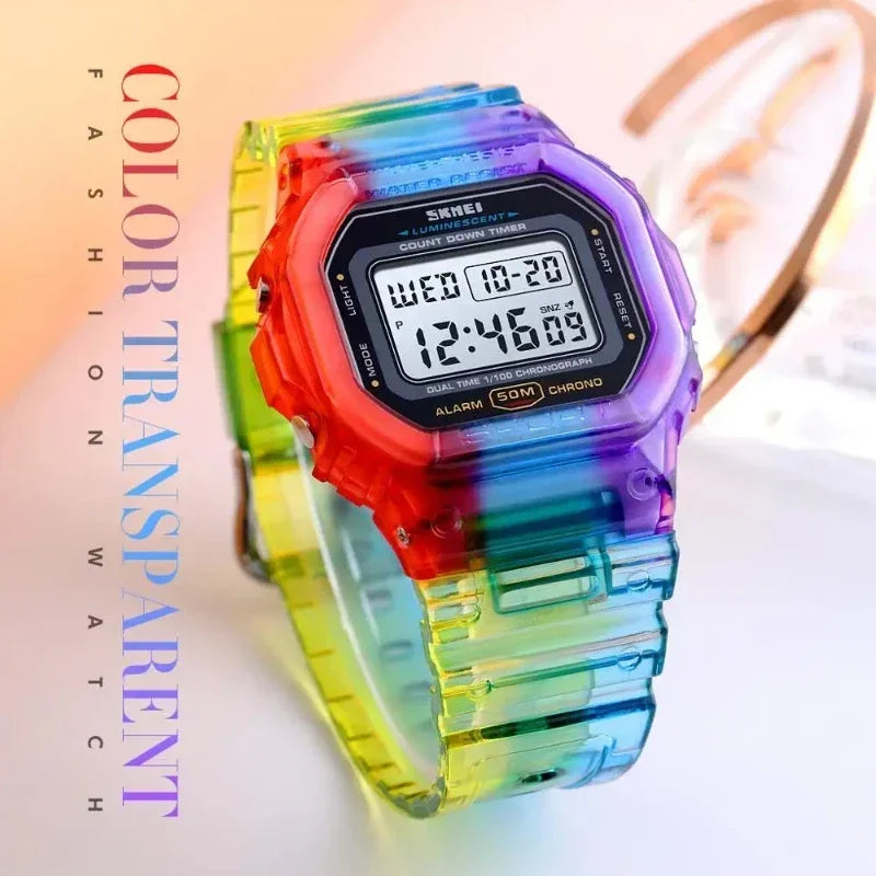 SKMEI 1622 Women Digital Wristwatch Electroplated Case Shockproof Reloj Mujer Transparent Strap Lady Cool Girls Watches 1999