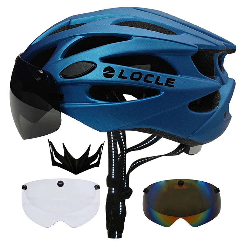 LOCLE Magnetic Goggles Cycling Helmet Men Women Bicycle Helmet Lenses MTB Bike Helmet Road Mountain Helmet Removable Sunvisor