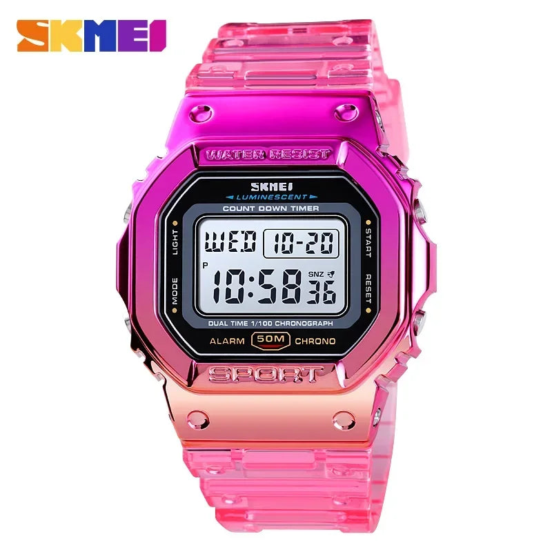 SKMEI 1622 Women Digital Wristwatch Electroplated Case Shockproof Reloj Mujer Transparent Strap Lady Cool Girls Watches 1999