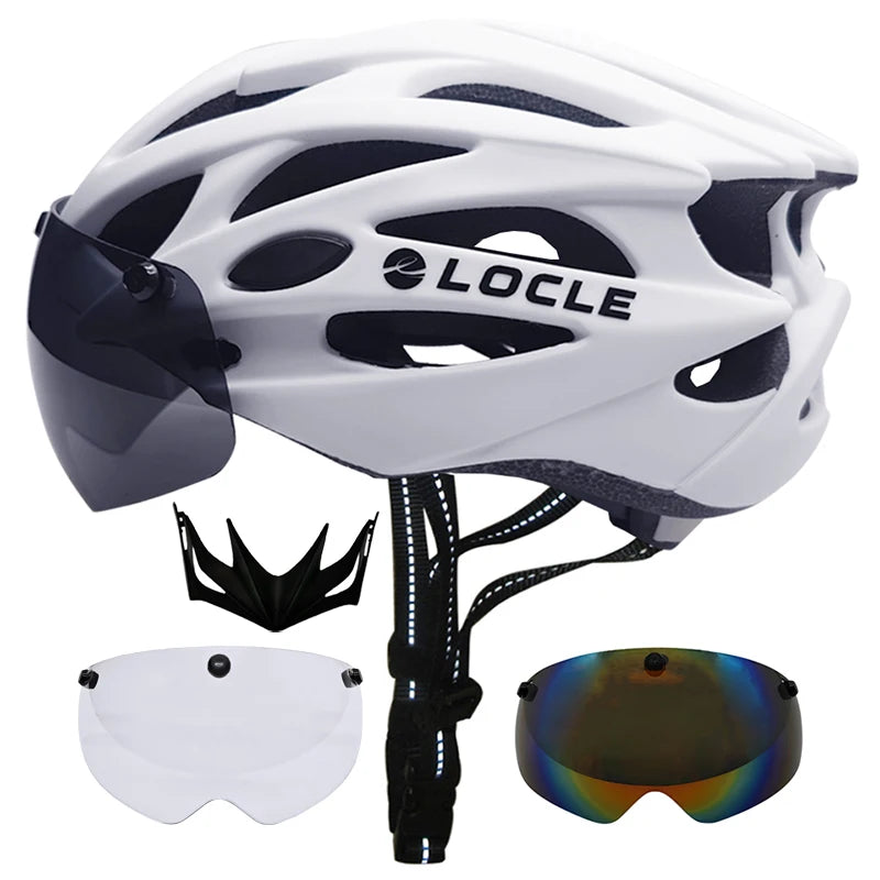 LOCLE Magnetic Goggles Cycling Helmet Men Women Bicycle Helmet Lenses MTB Bike Helmet Road Mountain Helmet Removable Sunvisor