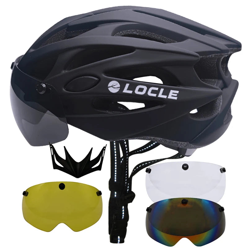 LOCLE Magnetic Goggles Cycling Helmet Men Women Bicycle Helmet Lenses MTB Bike Helmet Road Mountain Helmet Removable Sunvisor
