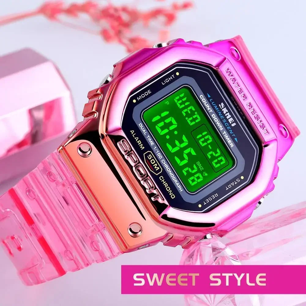 SKMEI 1622 Women Digital Wristwatch Electroplated Case Shockproof Reloj Mujer Transparent Strap Lady Cool Girls Watches 1999