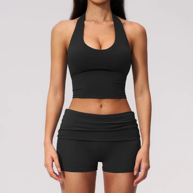 Yoga Bra High Waist Workout Athletic Wear V Cross-neck Halter Sports Tank Top With Chest Pads Fitness Clothes Shorts Sports Set