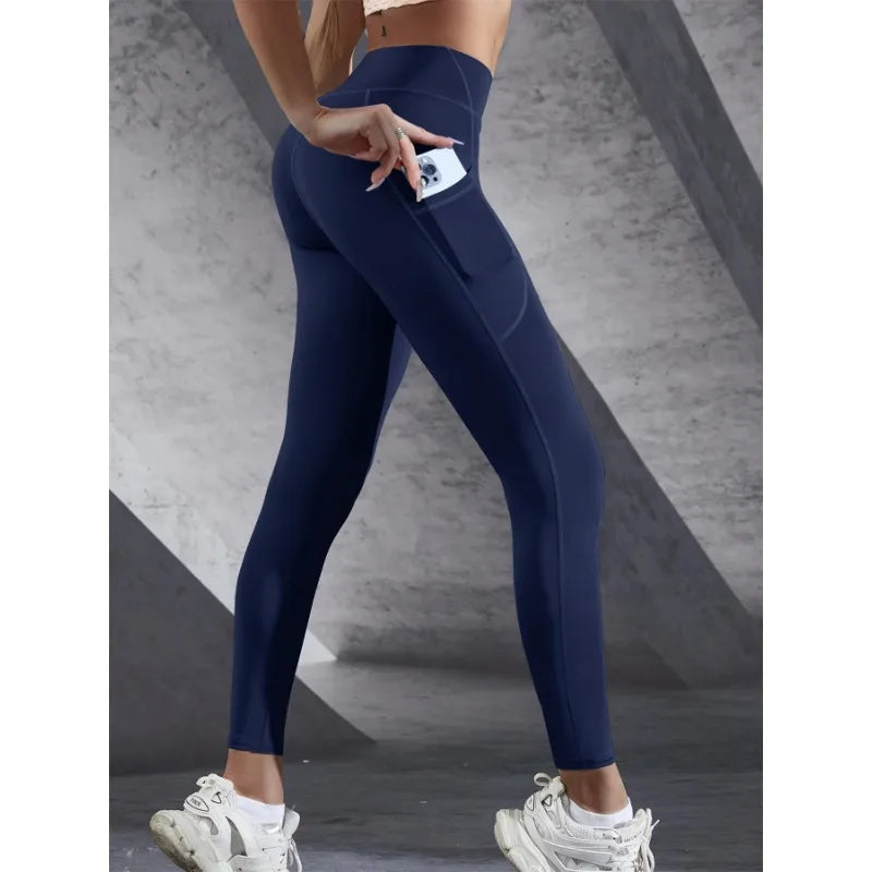 New High Waist Women's Leggings Stretch Yoga Pants Tights With Pockets Push Up Fitness Running Sportswear Solid Color Pants