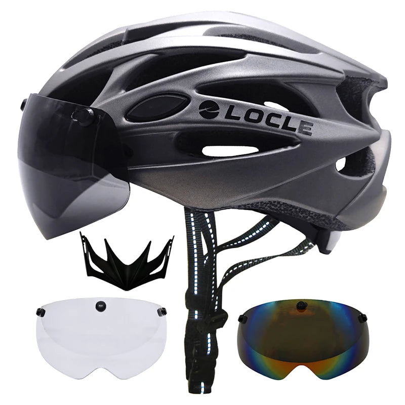 LOCLE Magnetic Goggles Cycling Helmet Men Women Bicycle Helmet Lenses MTB Bike Helmet Road Mountain Helmet Removable Sunvisor