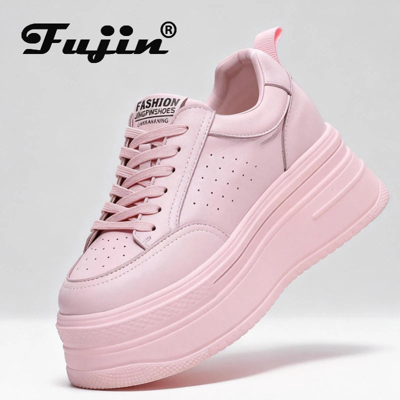 Fujin 8cm Genuine Leather Women Casual Shoes Chunky Sneakers Platform Wedge Heel Women Leisure Shoes Fall Winter Sneaker Women