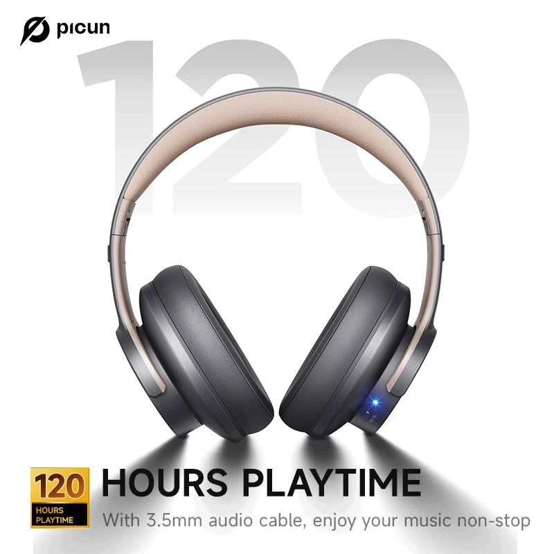 Picun B8 Bluetooth Headphones 120H Playtime Headset Wireless Bluetooth 3EQ Mode Low Latency Hands-Free Calls Over Ear Headphones