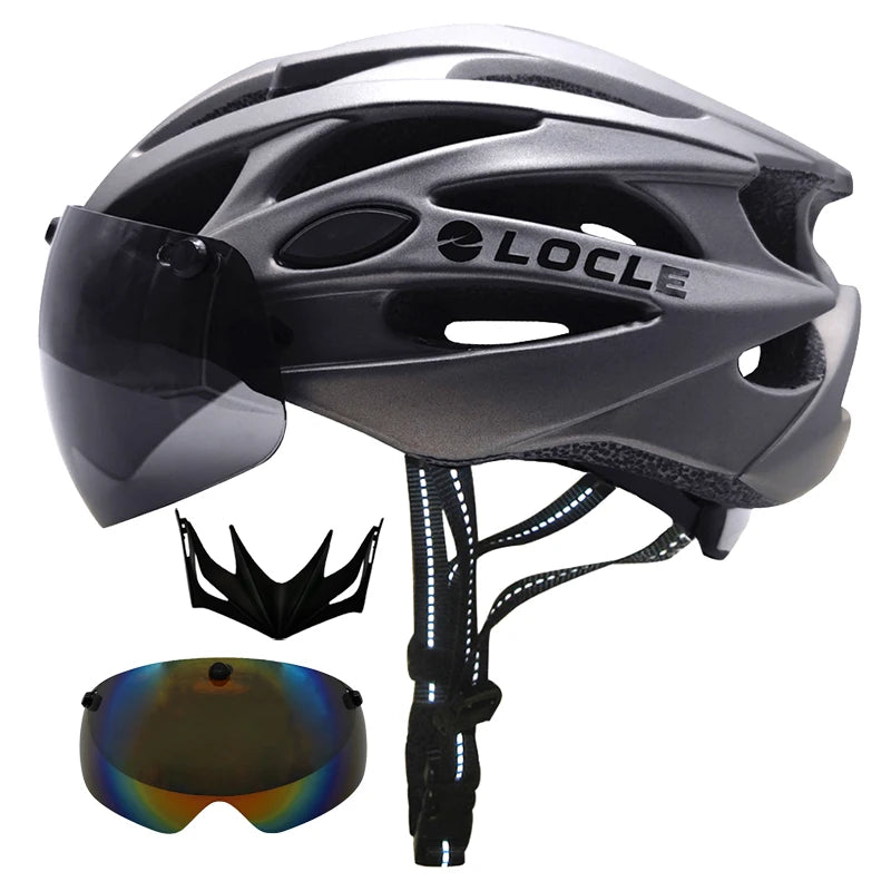 LOCLE Magnetic Goggles Cycling Helmet Men Women Bicycle Helmet Lenses MTB Bike Helmet Road Mountain Helmet Removable Sunvisor