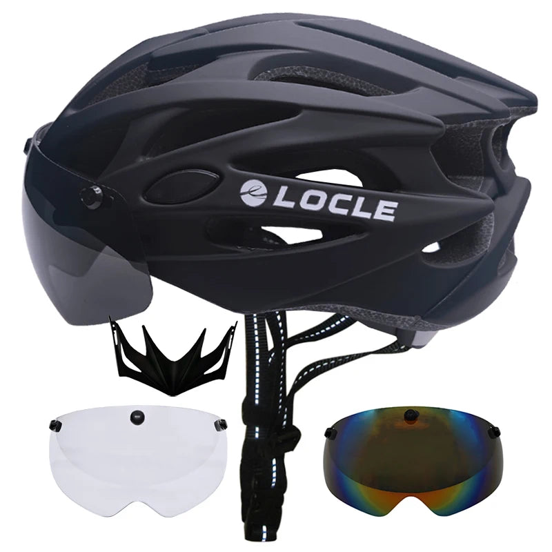 LOCLE Magnetic Goggles Cycling Helmet Men Women Bicycle Helmet Lenses MTB Bike Helmet Road Mountain Helmet Removable Sunvisor