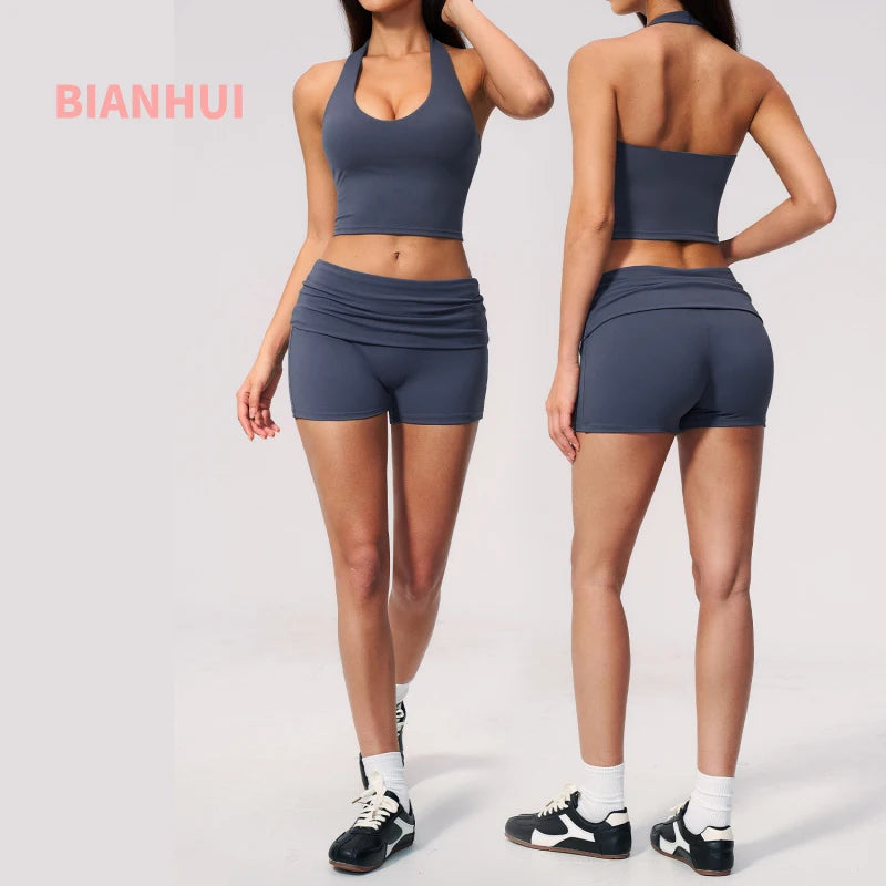 Yoga Bra High Waist Workout Athletic Wear V Cross-neck Halter Sports Tank Top With Chest Pads Fitness Clothes Shorts Sports Set
