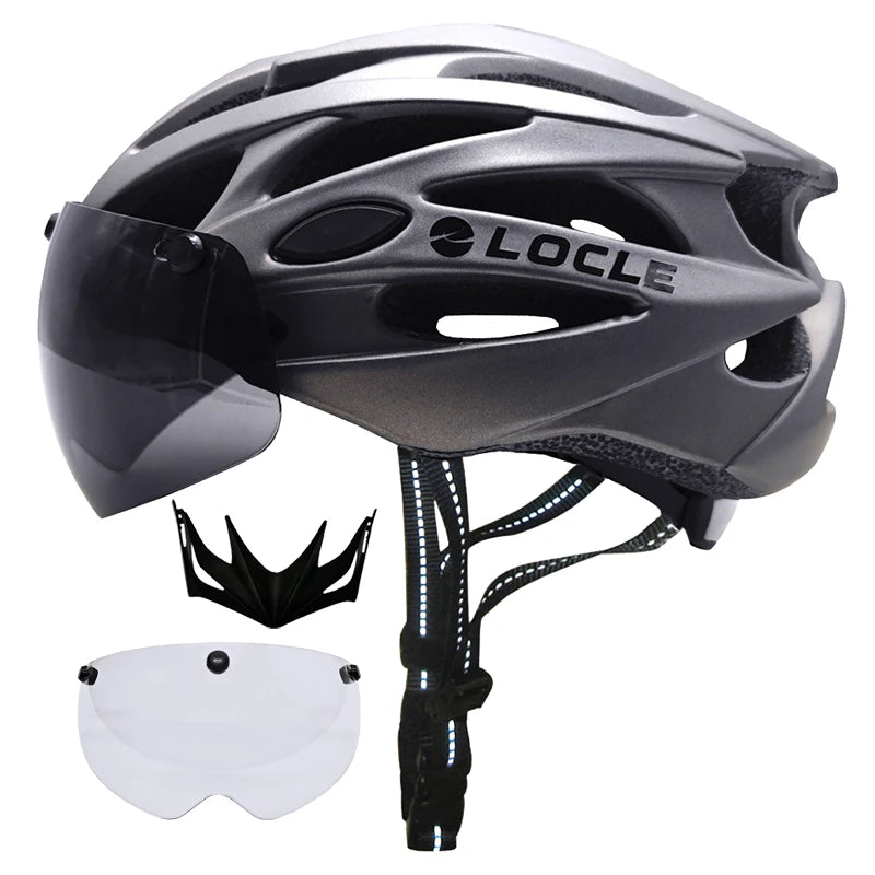 LOCLE Magnetic Goggles Cycling Helmet Men Women Bicycle Helmet Lenses MTB Bike Helmet Road Mountain Helmet Removable Sunvisor