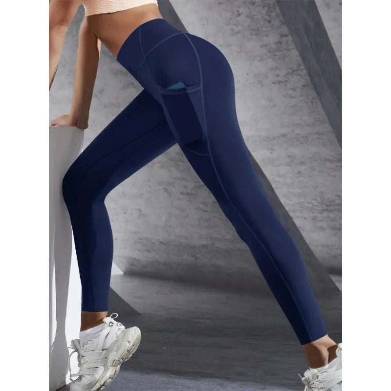 New High Waist Women's Leggings Stretch Yoga Pants Tights With Pockets Push Up Fitness Running Sportswear Solid Color Pants